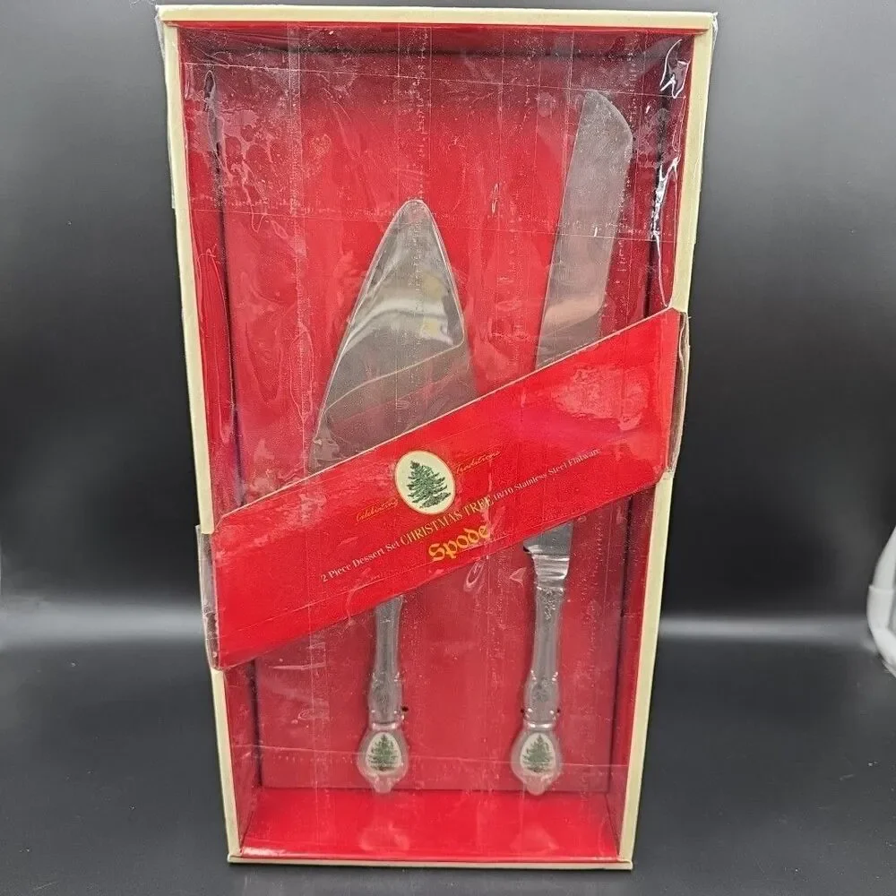 Wallace Spode 2 Piece Christmas Tree Dessert Cake & Knife Serving Set VTG NIB